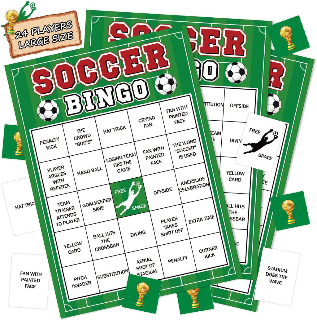 World Cup Bingo Game for 24 Unique Soccer Bingo Cards with 12 Markers & Calling Card, World Cup Party Supplies, Soccer Themed Birthday Party Games,Watch Party Favor