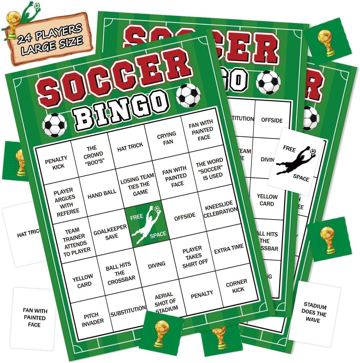 World Cup Bingo Game for 24 Unique Soccer Bingo Cards with 12 Markers & Calling Card, World Cup Party Supplies, Soccer Themed Birthday Party Games,Watch Party Favor