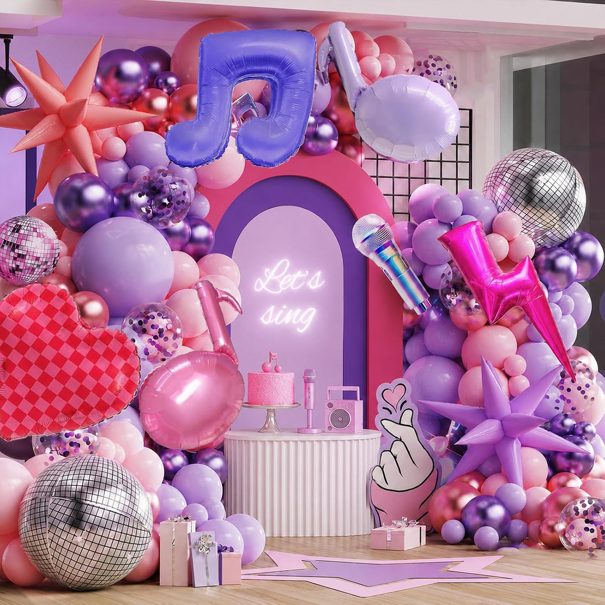 K POP Music Birthday Decorations, 162Pcs Pink Purple Balloon Garland Arch Kit with Music Note, Disco Ball, Checkered Heart, Lightning and Star Foil Balloons for Movie Singer Theme Party