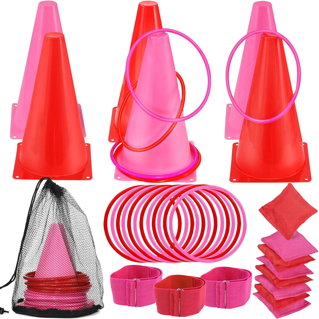 33Pcs Large 4 in 1 Valentines Day Games for Kids with Ring Toss, Plastic Cones, Bean Bags, 3-Legged Race Bands, Carnival Valentine's Games Activity Combo Set for Classroom Indoor Outdoor Party Yard
