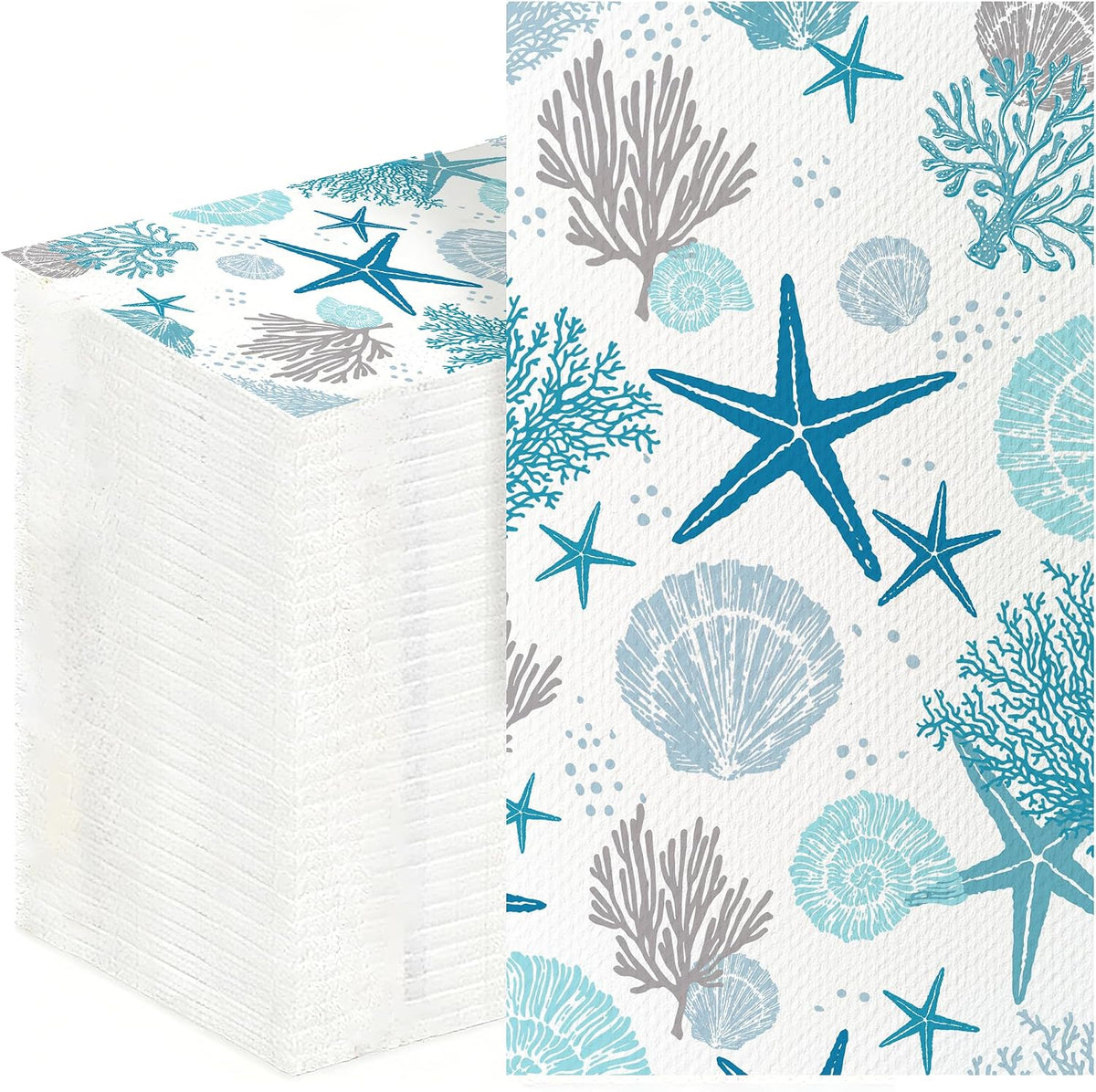 200 Pcs Coastal Beach Paper Napkins Disposable Hand Towels Blue Starfish Seashell Coral Nautical Ocean Guest Napkins for Bathroom Wedding Summer Guest Napkin Party Decor