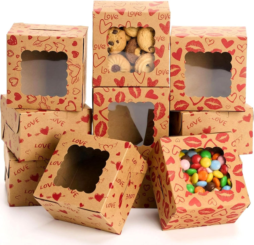 LemonRoad 24 Pcs Mother's Day Kraft Cookie Boxes with Window 4x4x2.5 Inches Heart Love Treat Boxes Cupcake Containers for Candy Pastries Doughnut Brownies Truffles Gift Wrap Wedding Party Supplies