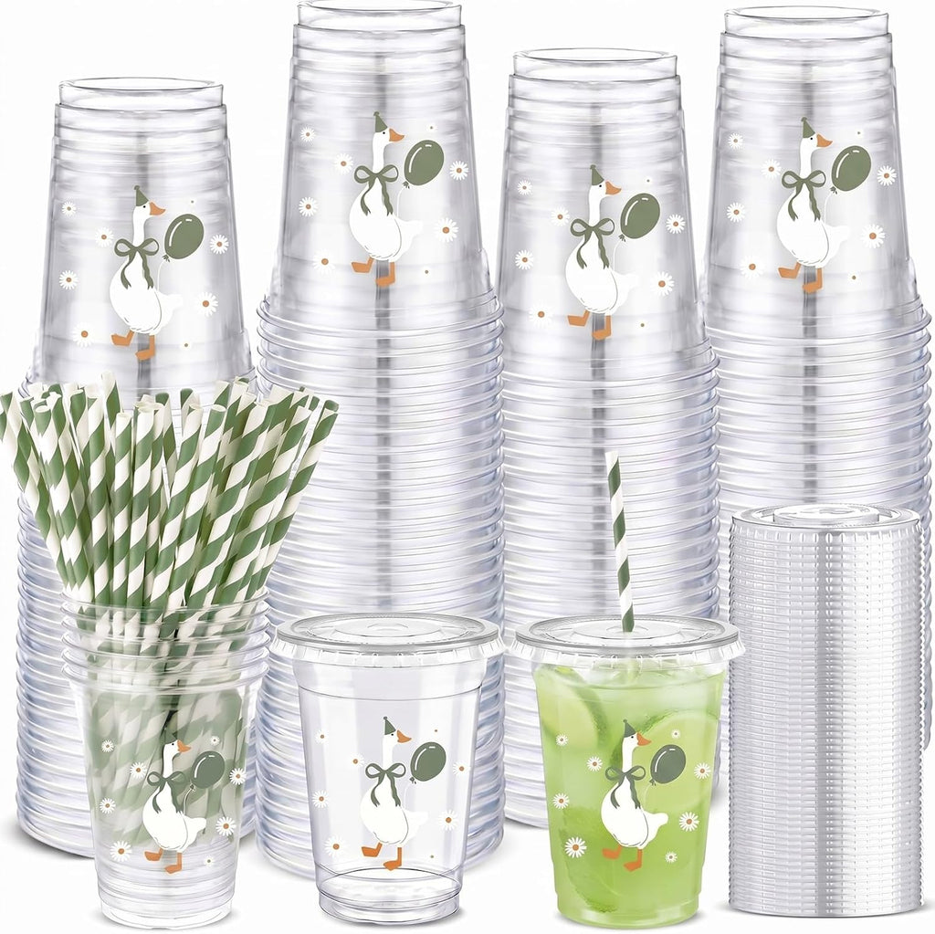 Jingmore 50 Set Silly Goose Sage Green 12 oz Plastic Cup with Lid and Straw