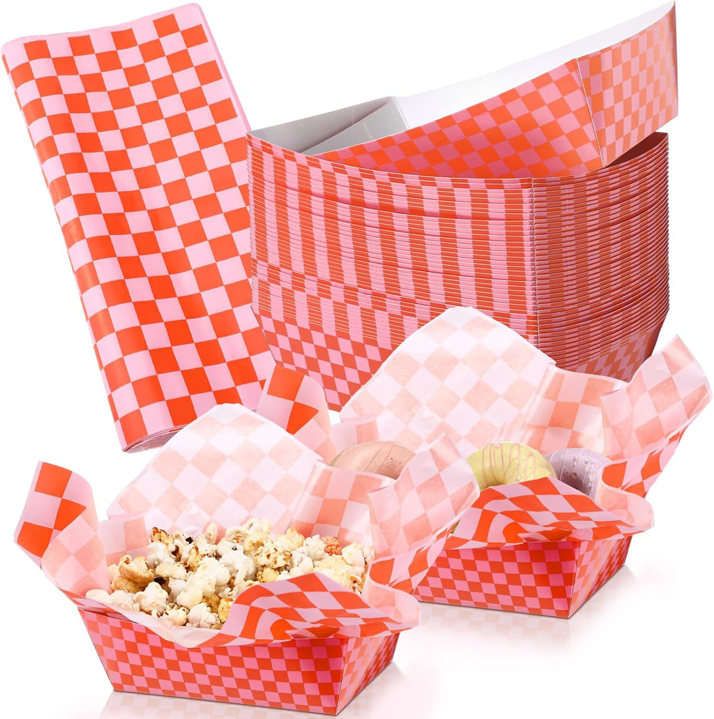 Geosar 100 Pcs Gingham Paper Food Tray with Wax Paper,Orange Pink