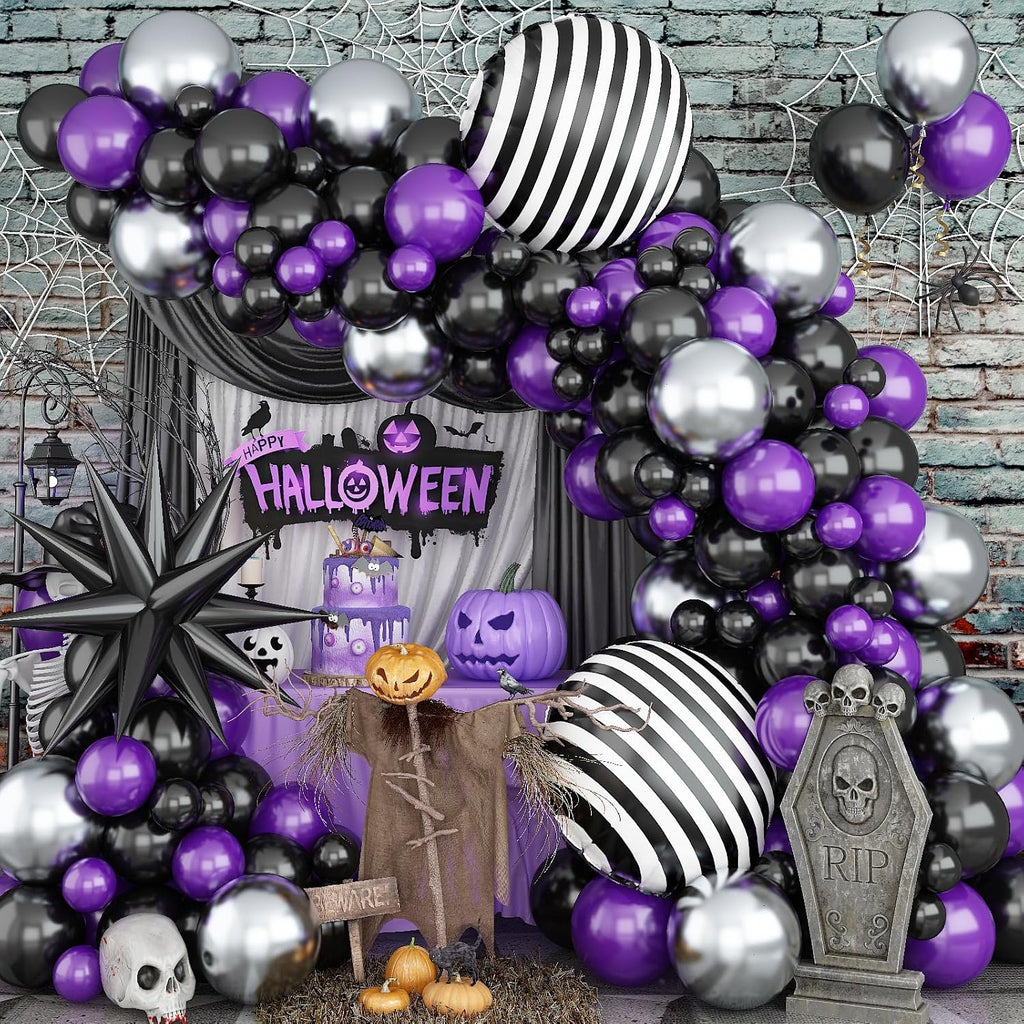 Halloween Balloon Garland Arch Kit, 135PCS Nightmare Theme Balloons,Purple Black Silver Balloons with Foil Starburst Balloon for Spooky Party, Dark Style Birthday, Gothic Theme Party Decor