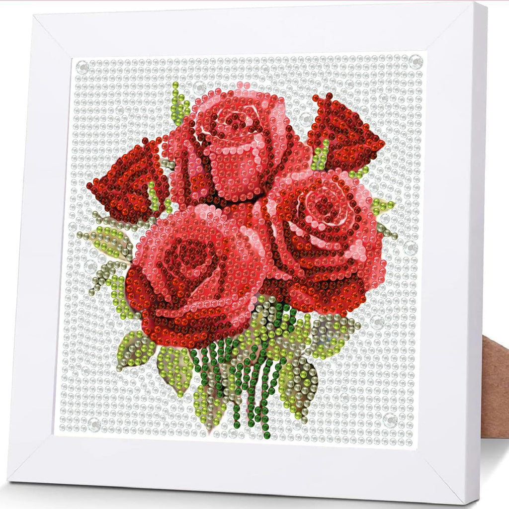Diamond Art Kit for Kids with Frame,Red Rose Diamond Painting for Kids