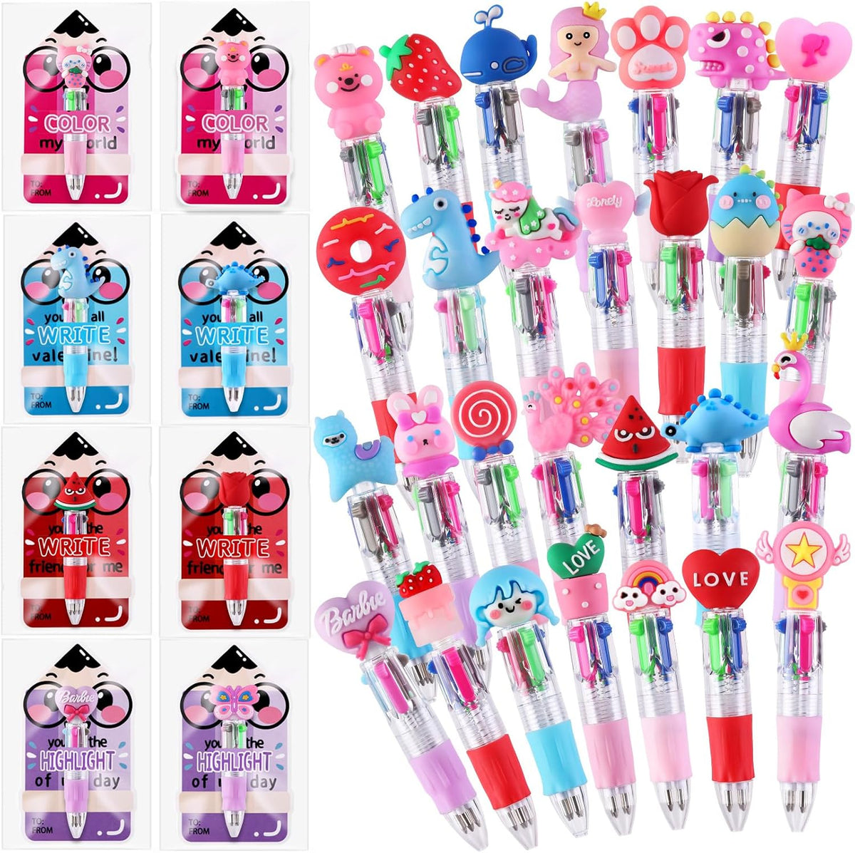 30 Pack Valentines Fun Pens with Cards Cute Multicolor 4-in-1 Gift Pens
