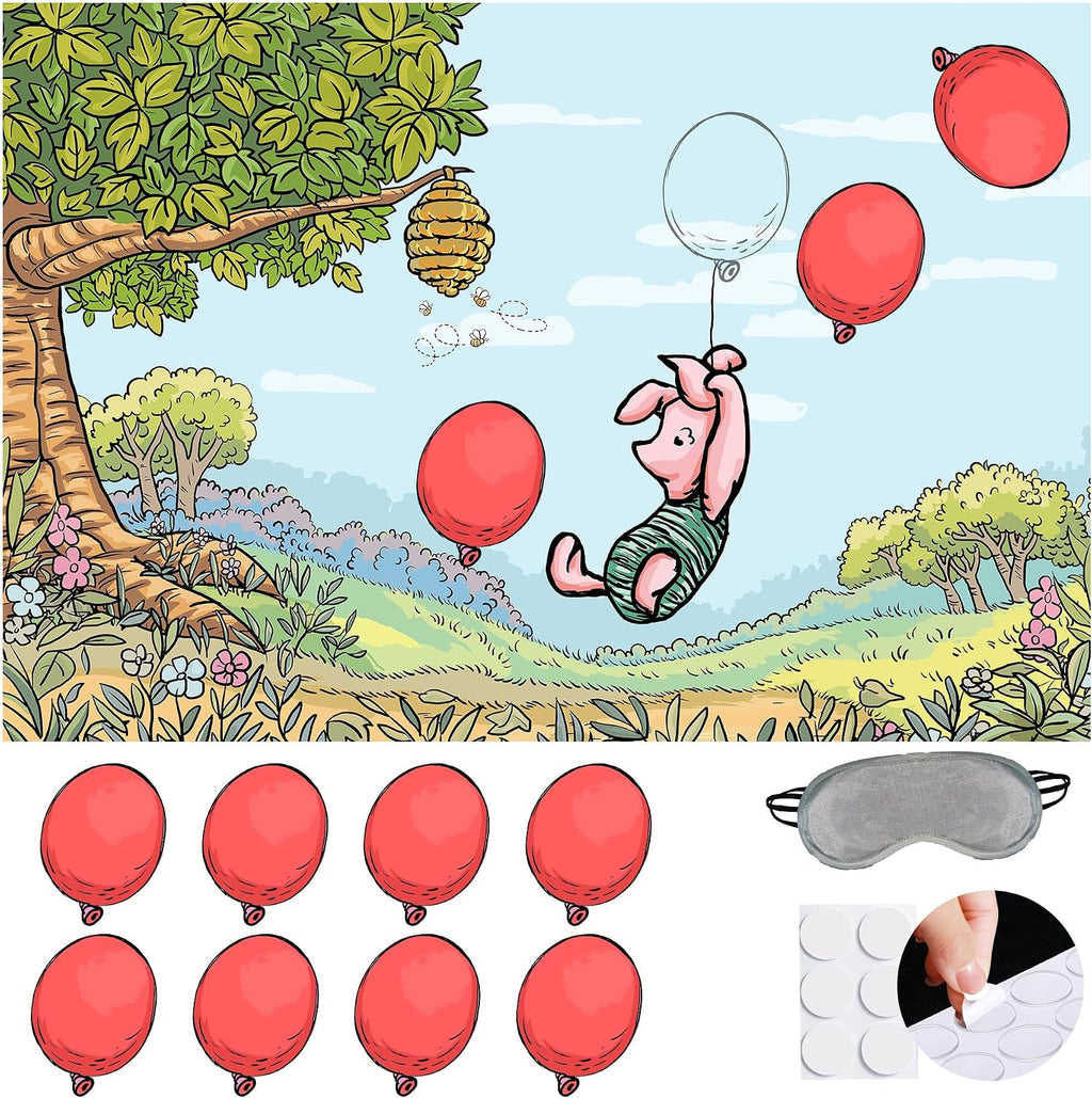 Winnie Help Piglet Fly Fun Party Game for Pooh Baby Shower Birthday Decorations, Pin The Balloon on Piglet Poster with 20 Balloon Stickers and Blind Fold.