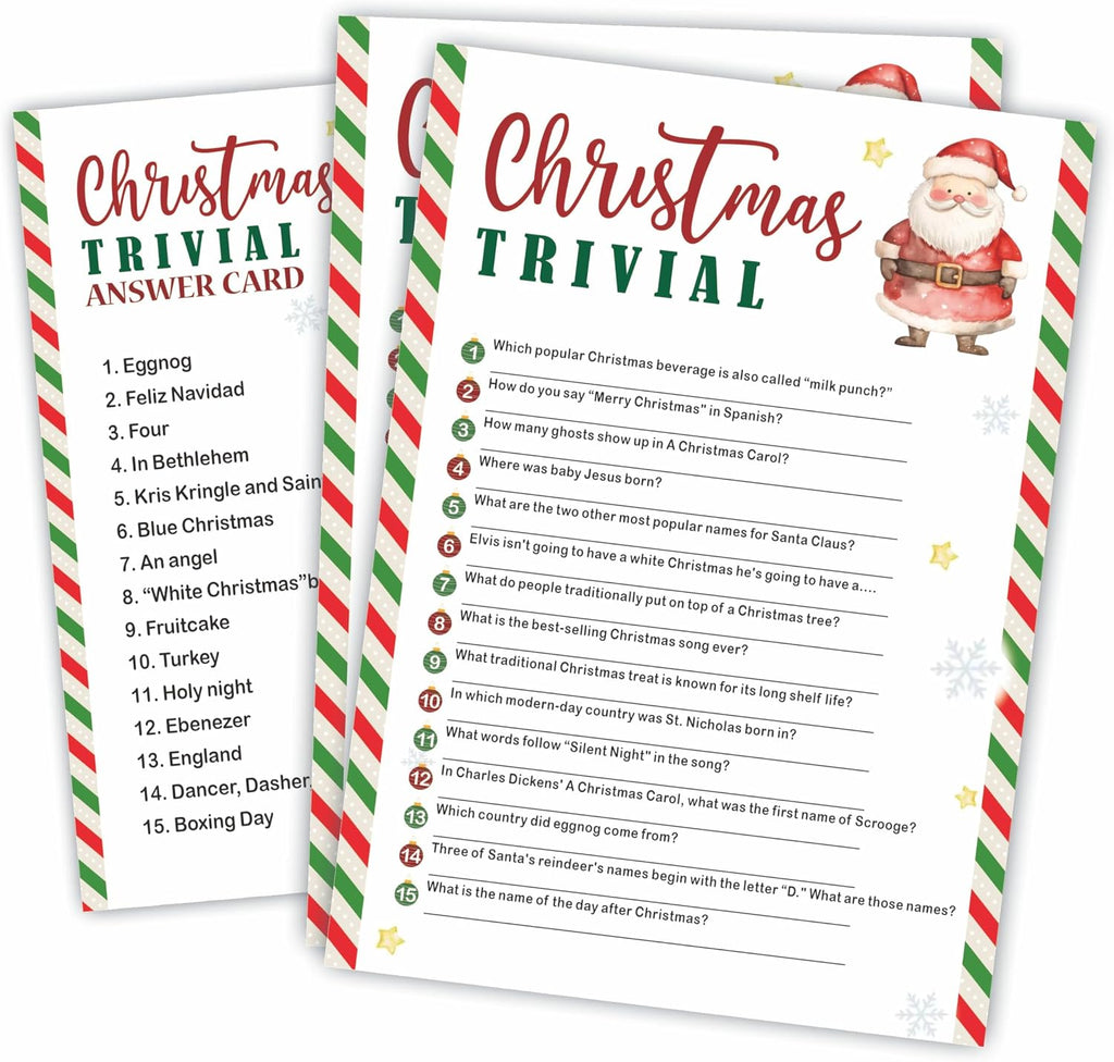 30 Pack Christmas Party Game Cards - Christmas Trivial - Cute Santa Design Fun Xmas Games Activity for Office Groups, Festive Events Xmas Party Decorations (5" x 7",with One Answer Cards) - A05