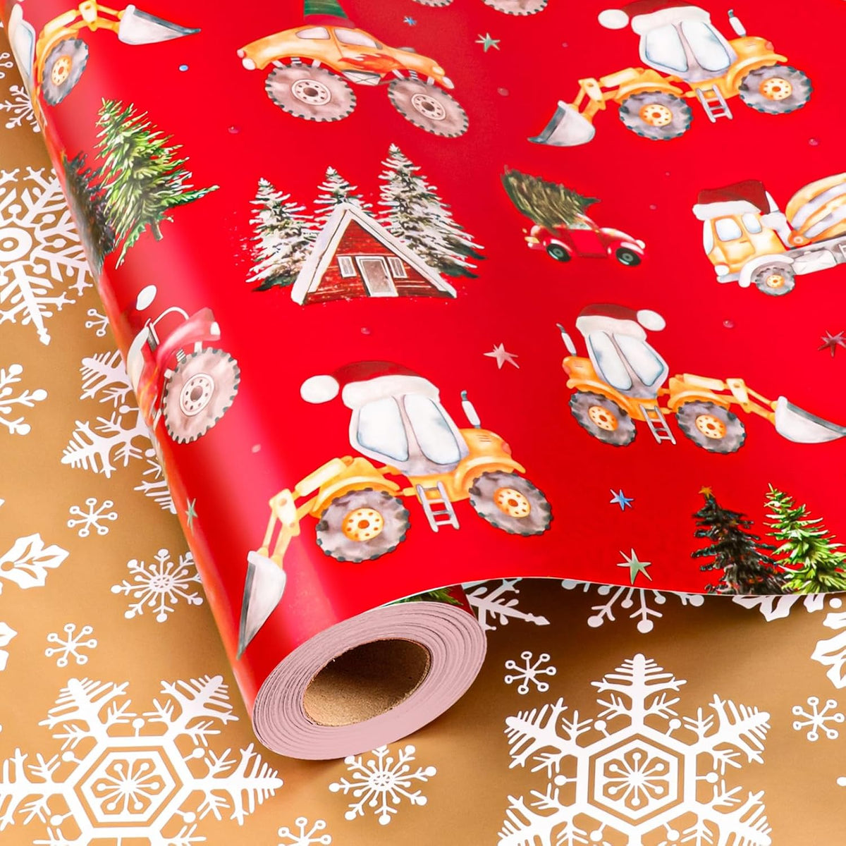 Yarcony Kids Christmas Wrapping Paper, Red Construction Christmas Gift Wrap