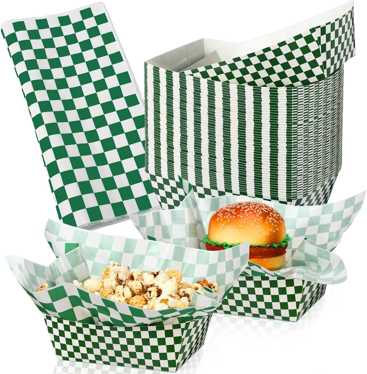 Geosar 100 Pcs Gingham Paper Food Tray with Wax Paper,Dark Green White