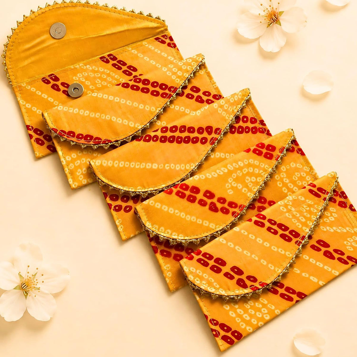 LoveNspire Brocade Fabric Money Envelopes (7.5 x 3.5 Inch) Decorative Bandhani Pattern Shagun Lifafa for Indian Wedding, Birthday | Cash Gift Holder & Home Savings Organizer Yellow/Pack of 10