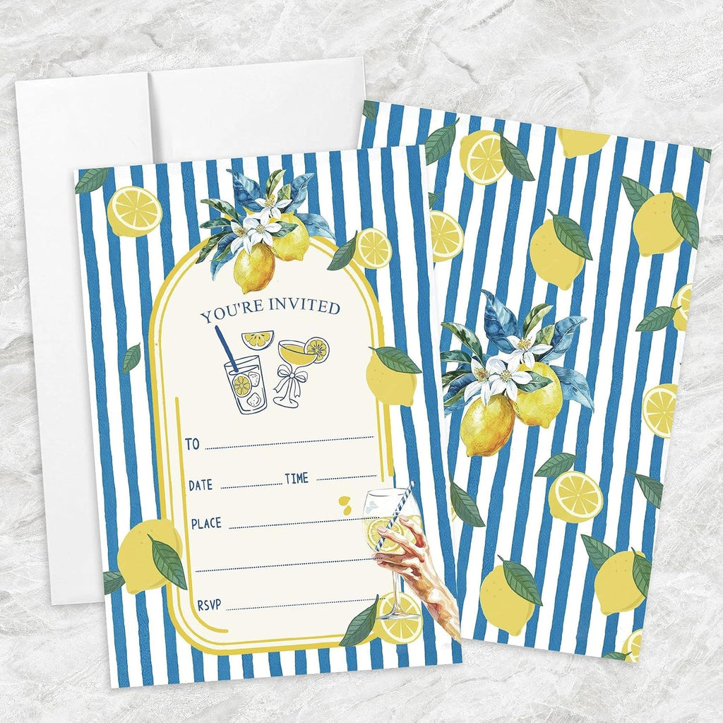 AEHIE 20 Sets Mediterranean Lemon Party Invitations With Envelopes, Summer Lemon Blue and White Striped Party Invitations Invite Cards for Women Ladies Adults