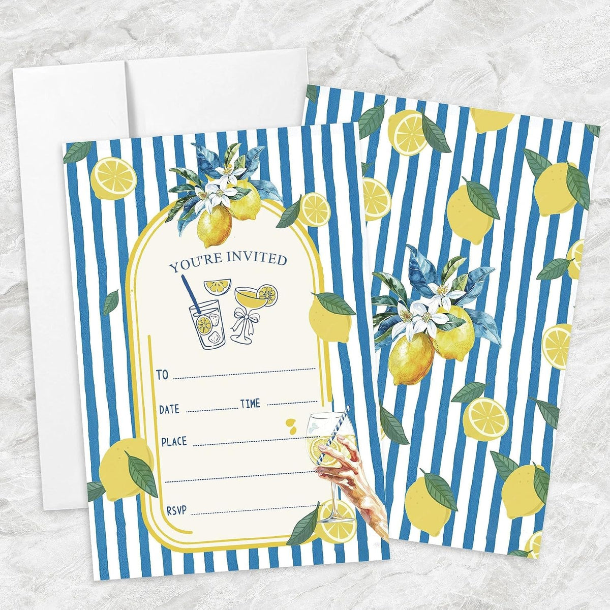 AEHIE 20 Sets Mediterranean Lemon Party Invitations With Envelopes, Summer Lemon Blue and White Striped Party Invitations Invite Cards for Women Ladies Adults