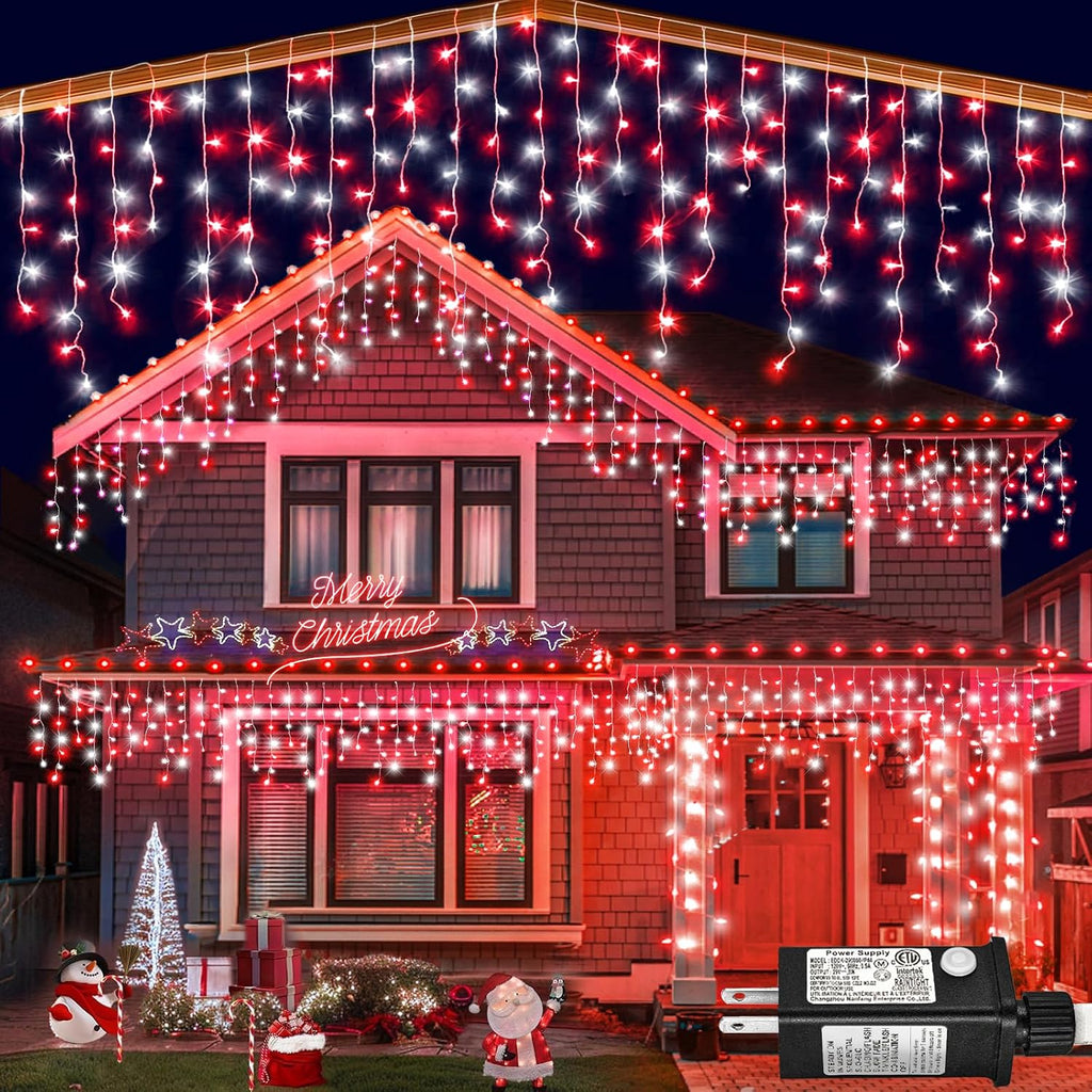 99ft Icicle Lights for Outside, Red and White Christmas Lights Outdoor Indoor, 1216 LED Twinkle Light with 228 Drops Short Curtain Light for Thanksgiving Room Home Wall Bedroom Window Decoration
