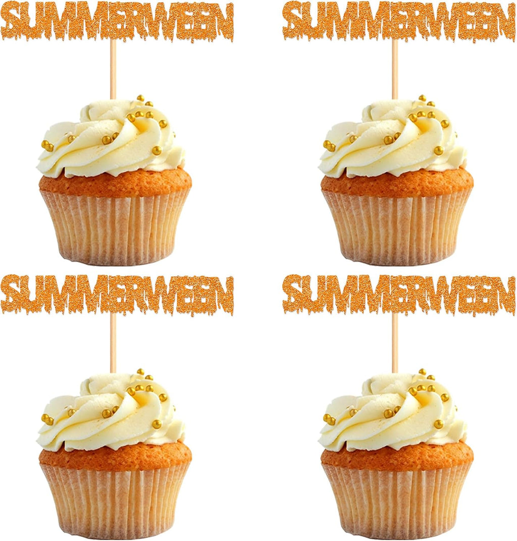 24Pcs Glitter Orange Summerween Cupcake Toppers Happy Summerween Birthday Cupcake Picks for Summer Halloween Birthday Cupcake Decorations Summer Holiday Party Decorations