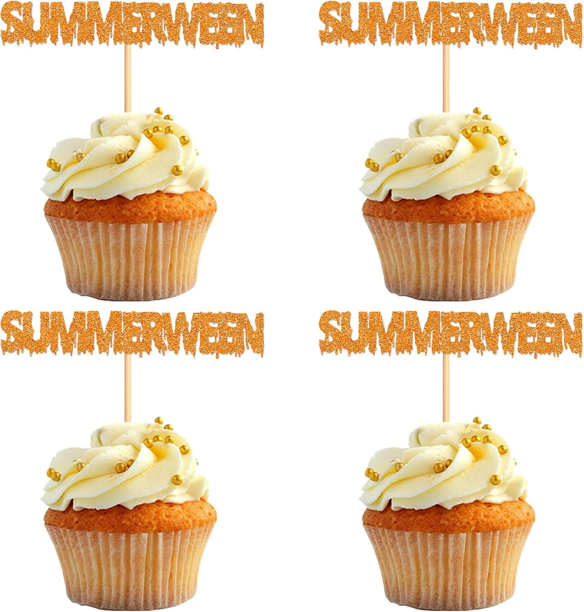 24Pcs Glitter Orange Summerween Cupcake Toppers Happy Summerween Birthday Cupcake Picks for Summer Halloween Birthday Cupcake Decorations Summer Holiday Party Decorations