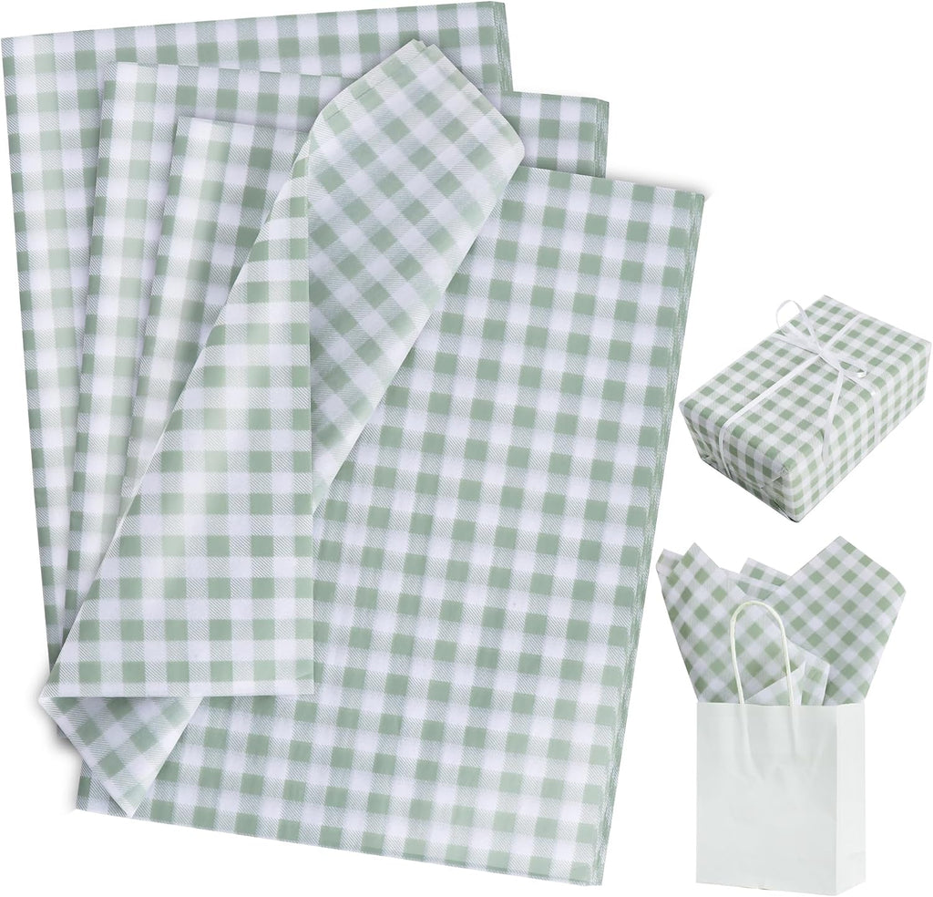 BEISHIDA Gingham Tissue Paper Bulk，Sage Green and White Checkered Wrapping Tissue Paper for Gift Bags, 14 x 20 Inch Gift Wrap for Wedding Birthday Easter DIY Crafts Decor Holiday Flowers-50 Sheets