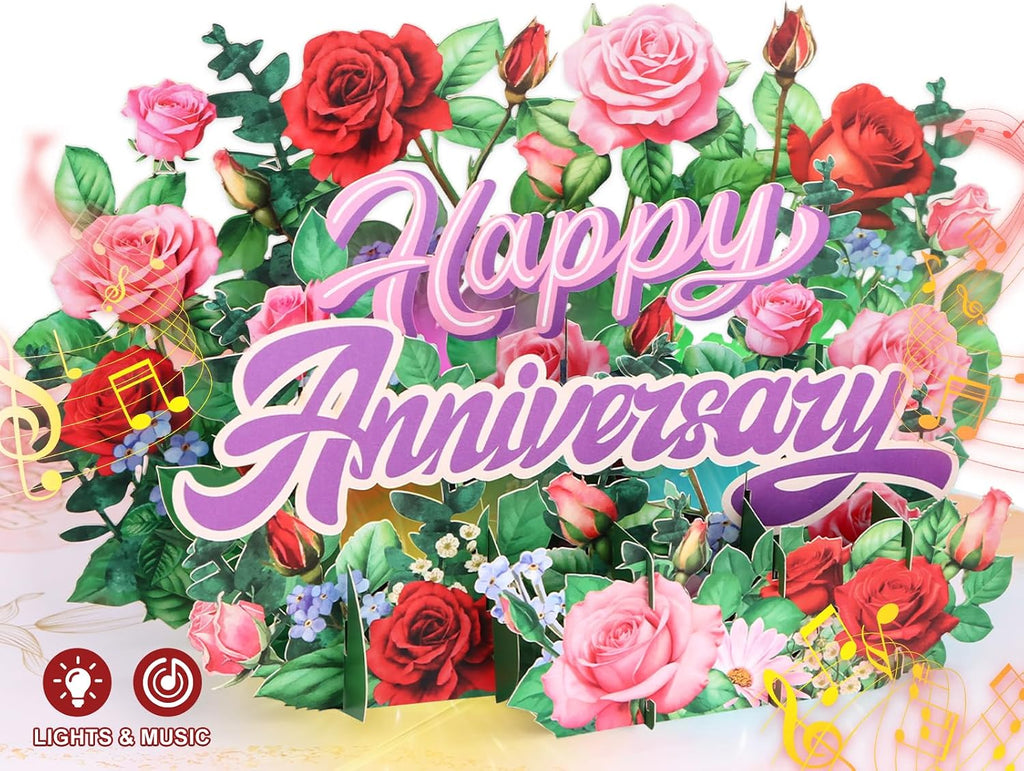 FaCraft Anniversary Card for Couple - 3D Pop Up Music & Light Valentines Wedding Anniversary Card Gifts with Envelope, Blank Insert and Seal, for Spouse Husband Wife Him Her (Flowers)