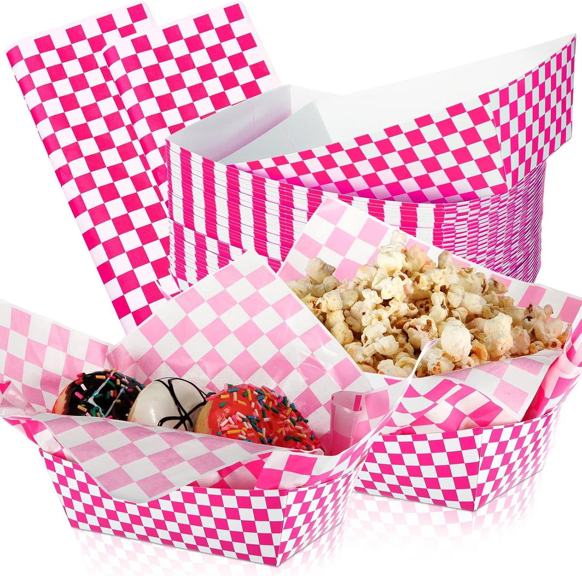 Geosar 100 Pcs Gingham Paper Food Tray with Wax Paper,Fuchsia White