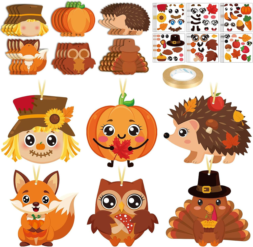 Fall Crafts for Kids Adults 24 Sets DIY Animal Ornament Thanksgiving Stickers Make Your Own Turkey Scarecrow Pumpkin Owl Arts and Crafts Decorations for Autumn Harvest Home Classroom Party Favors