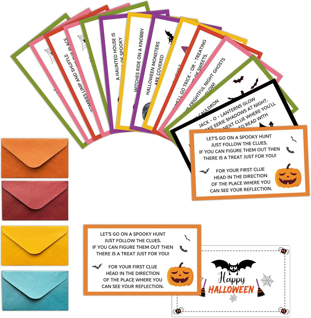 Halloween Scavenger Hunt Clue Cards, Magical Scavenger Hunt Games for Adults, Halloween Fall Pumkin Holiday Birthday Party Supplies Activities Outdoor Indoor(16 Clues Cards with Envelopes), 11