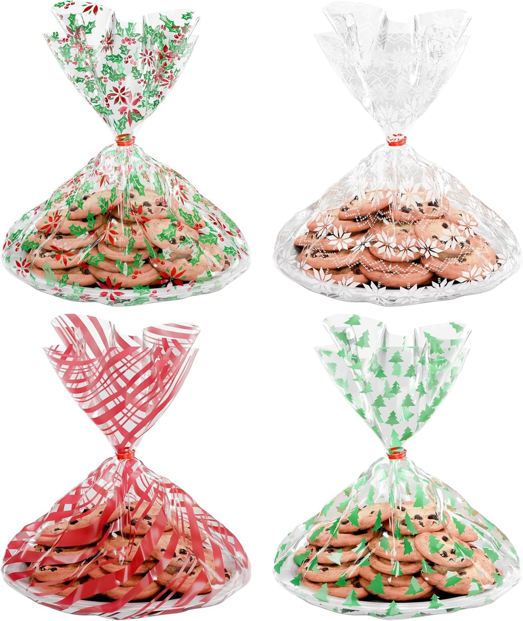 American Greetings Christmas Cellophane Cookie Tray Bags with Twist-Ties, Holiday Patterns (12-Count)