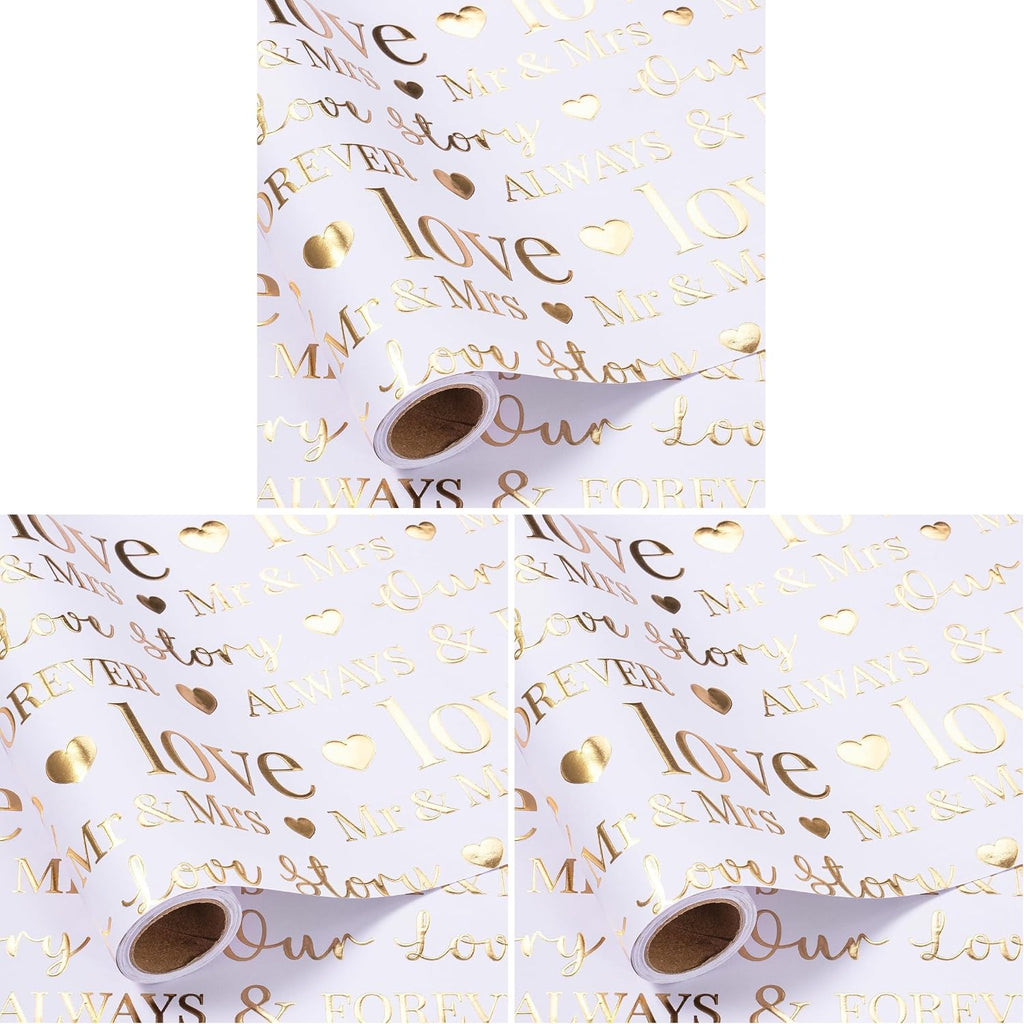 RUSPEPA Wrapping Paper Roll, Bridal Shower Gift Wrap, Mini Roll, 17 Inches x 16.5 Feet, White and Gold Foil LOVE Design for Wedding, Anniversary, Engagement (Pack of 3)