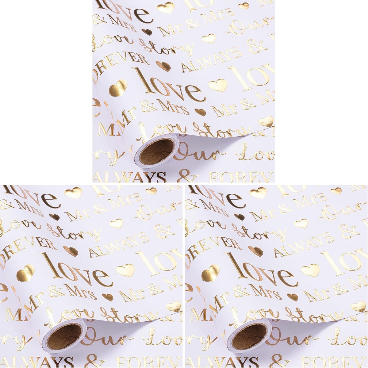 RUSPEPA Wrapping Paper Roll, Bridal Shower Gift Wrap, Mini Roll, 17 Inches x 16.5 Feet, White and Gold Foil LOVE Design for Wedding, Anniversary, Engagement (Pack of 3)