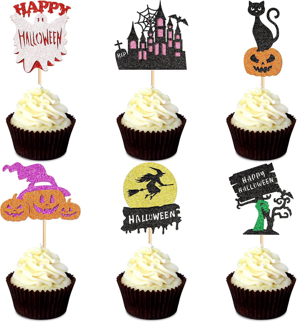 Ercadio 30Pcs Happy Halloween Cupcake Toppers Witch Pumpkin Black House Bats Cats Cupcake Picks for Gender Reveal Halloween Birthday Cupcake Decorations Halloween Party Supplies