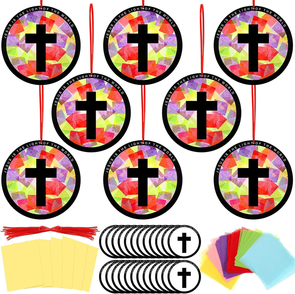Qinyoung 12 Sets Religious Cross Crafts Jesus Lights The Way Mason Jars Tissue Paper Crafts with LED Candle Light Make Your Own VBS Mason Jars Decoration for Camping Sunday School Projects Activity