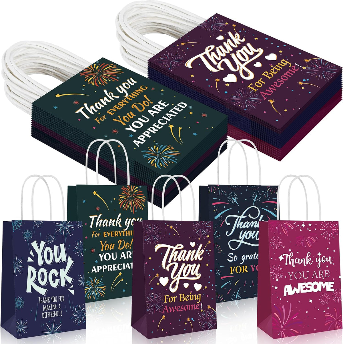 30 Pcs Thank You Gift Bags Team Employee Appreciation Gifts Bulk, Motivational Inspirational Paper Goodie Bags for Coworker Teacher Nurse Colleague Holiday Party Favor Supplies Women Men (Firework)
