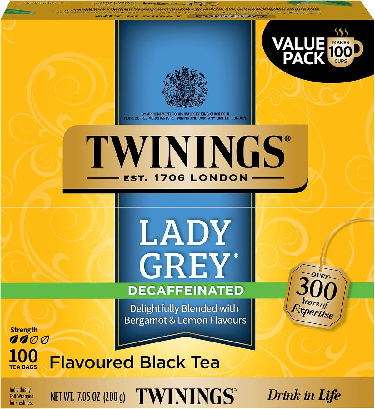 Twinings Decaffeinated Lady Grey Black Tea Individually Wrapped Bags, 100 Count (Pack of 1), Orange Peel & Lemon Peel, Fresh and Uplifting, Caffeinated, Enjoy Hot or Iced, 100 Teabags