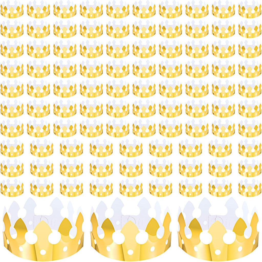 100 Pcs Gold Paper Crowns for Birthday Party, Bulk Classic Gold Foil Crown Hats for Adults & Little People, Party Favors for Wedding, Celebration