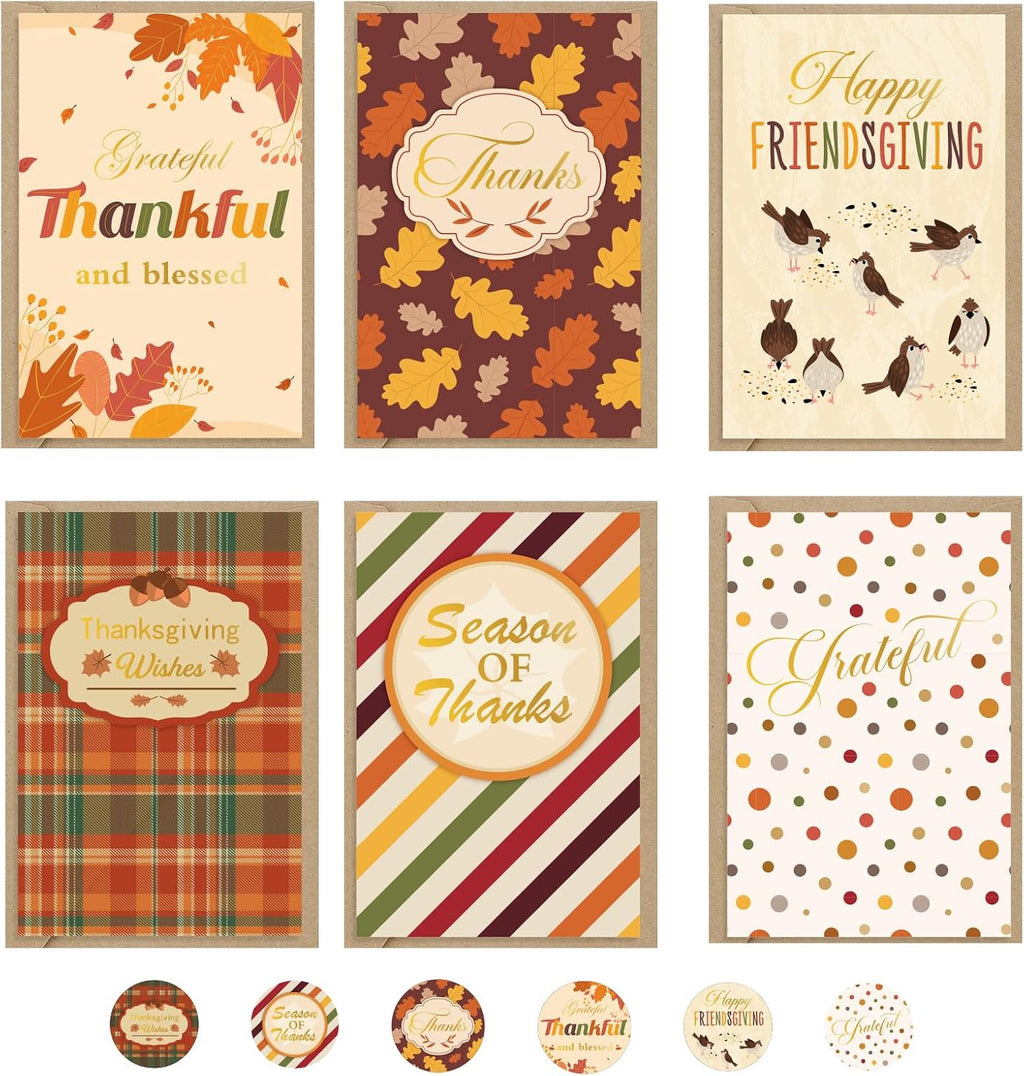 36 Pack Thanksgiving Cards with Envelopes & Stickers, 4 x 6 in, 6 Designs