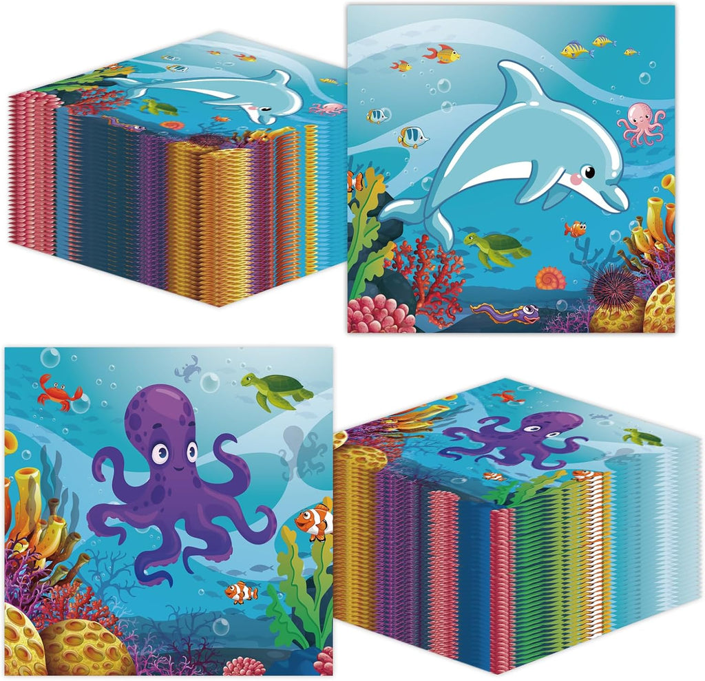 50 Pcs Under the Sea Paper Napkins 6.5 x 6.5 Inches, Ocean Theme Disposable Luncheon Dinner Party Napkins Cocktail Napkin for Sea Animal Party Decorations (Under the Sea)