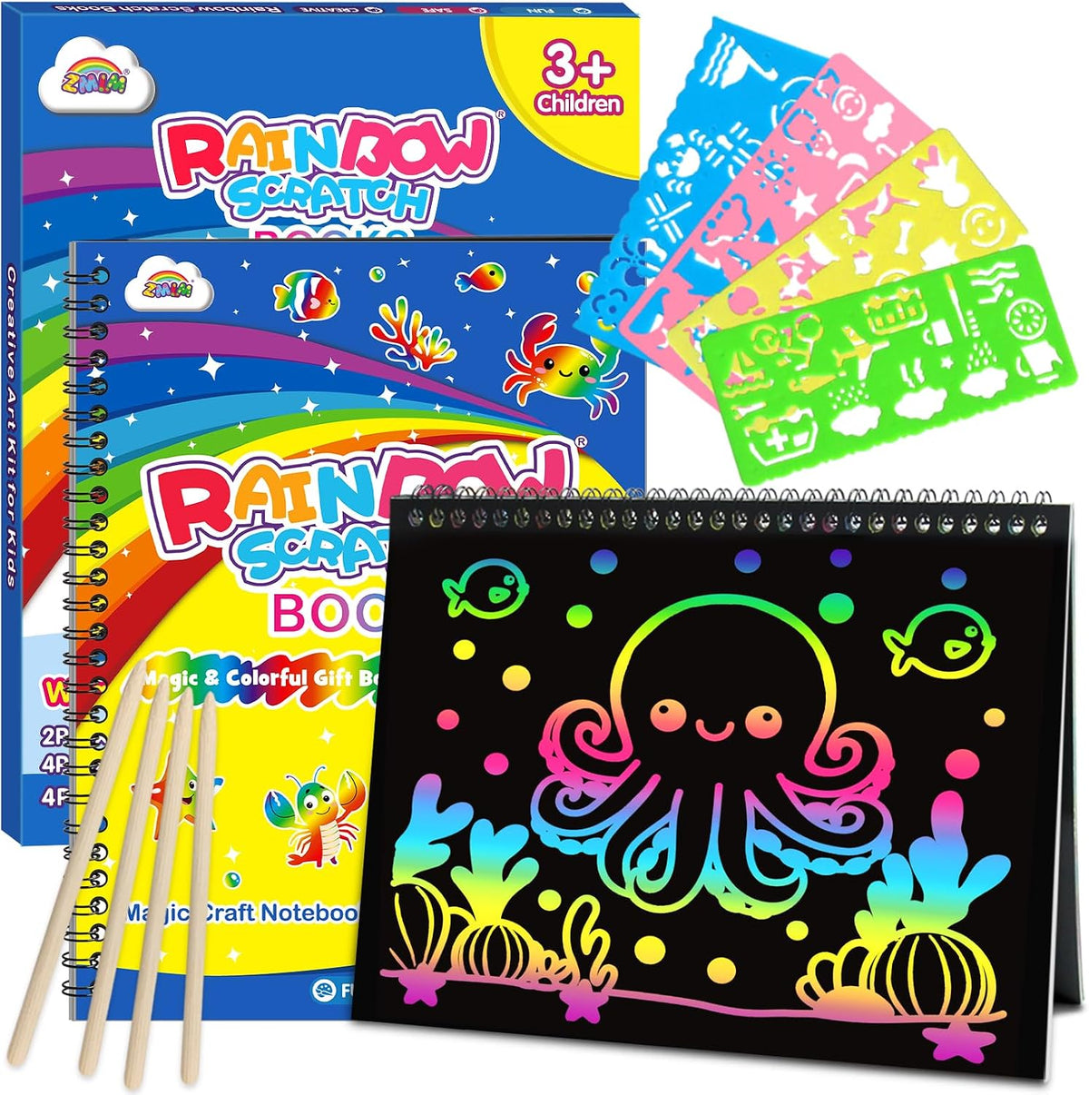 ZMLM Scratch Paper Art-Crafts Gift: 2 Pack Rainbow Notebooks Supplies Toys