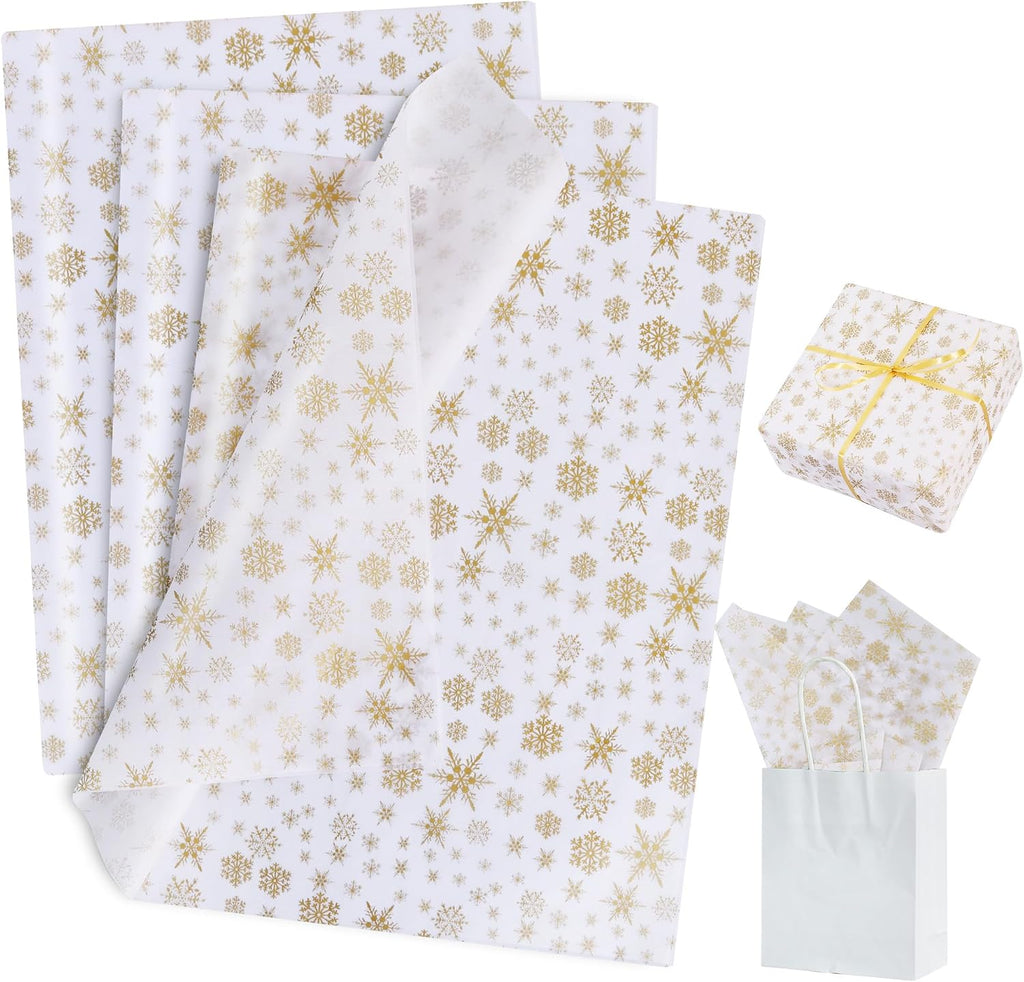 BEISHIDA Christmas Snowflake Tissue Paper Bulk，Gold and White Wrapping Tissue Paper for Gift Bags, 14 x 20 Inch Gift Wrap for Winter Christmas Party DIY Crafts Decor Holiday Flowers-50 Sheets