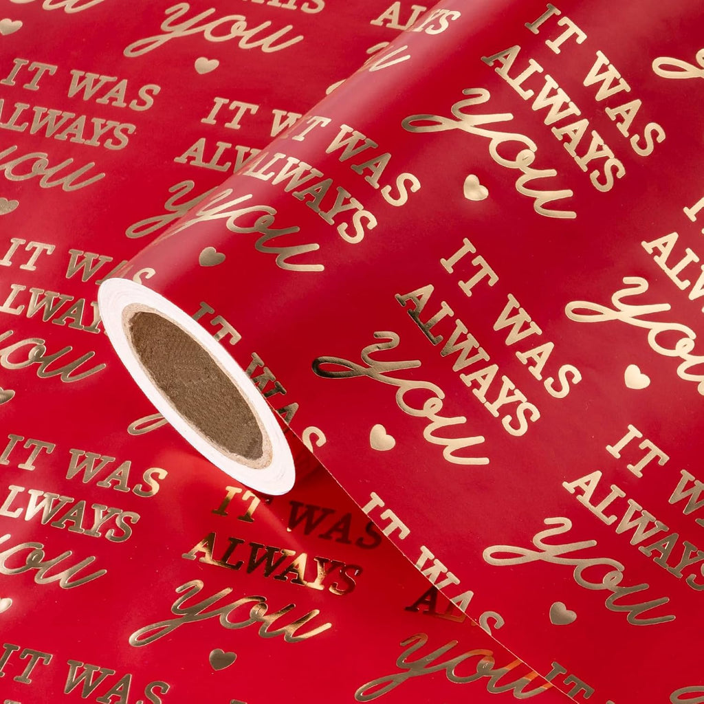 WRAPAHOLIC Valentines Day Wrapping Paper Roll - Mini Roll - 17 Inch x 16.5 Feet - Red Wrapping Paper with Gold Foil It Was Always You for Valentine's Day, Anniversary, Birthday, Wedding