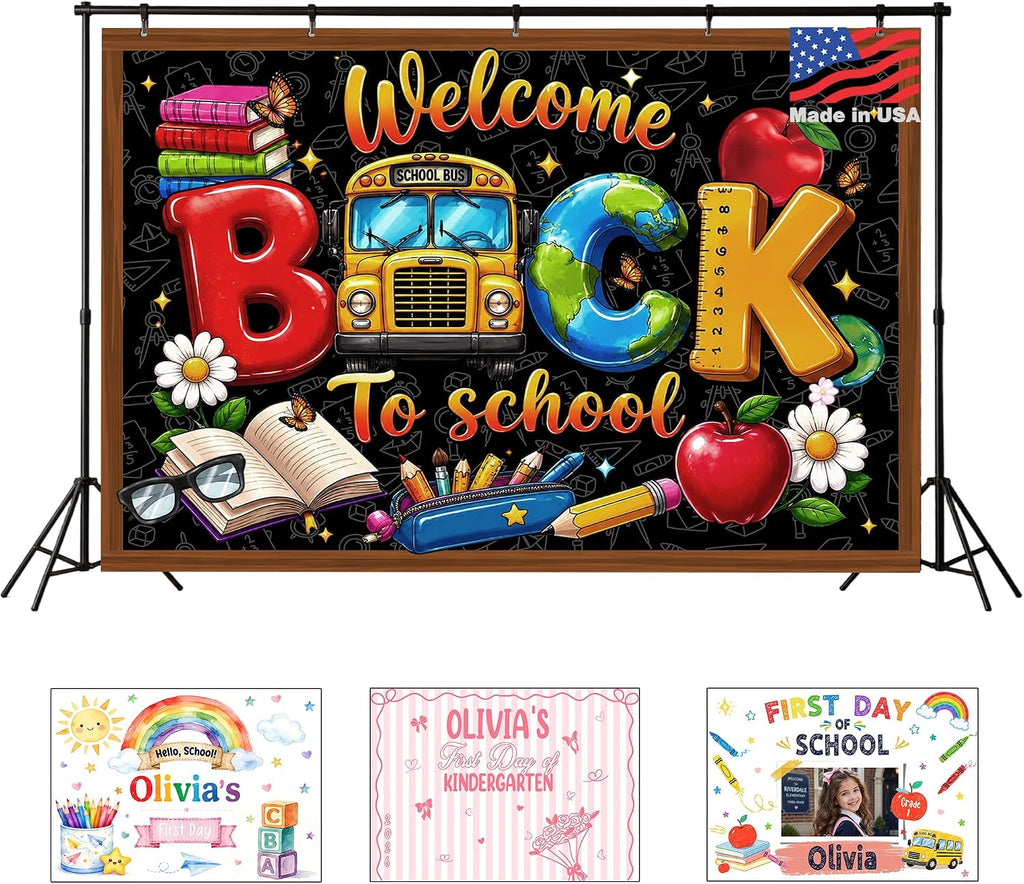 Custom Back to School Backdrop, Personalized First Day of School Photography Backdrop with Photo, Name & Grade, Welcome Back to School Decorations for Classroom, Photo Booth, Wall & Home, Made in USA