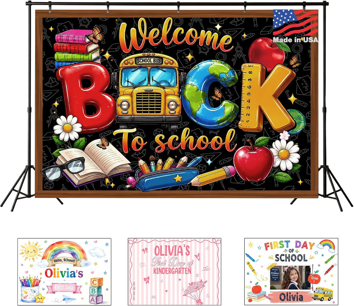 Custom Back to School Backdrop, Personalized First Day of School Photography Backdrop with Photo, Name & Grade, Welcome Back to School Decorations for Classroom, Photo Booth, Wall & Home, Made in USA