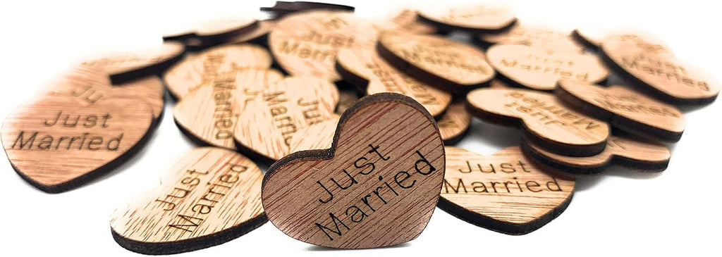 Just Married Engraved Wooden Heart Table Scatter, 100 1-Inch Hearts