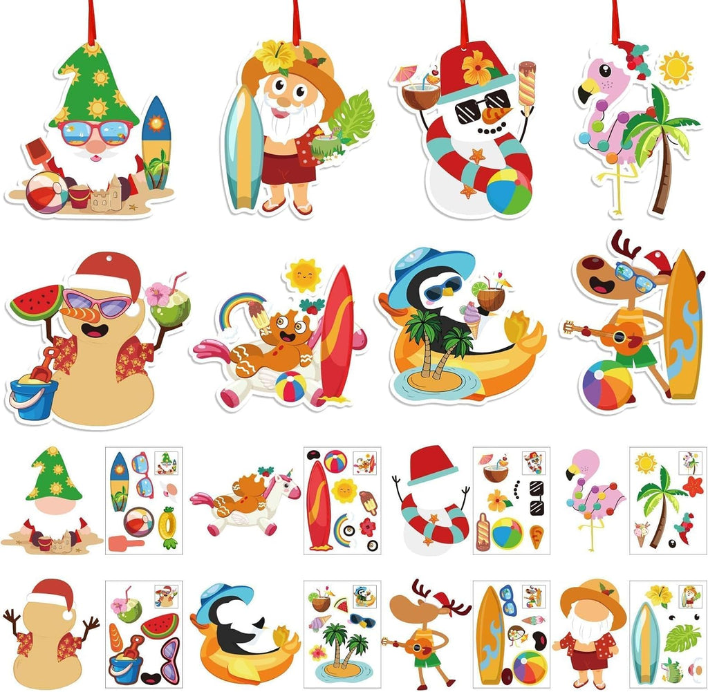 JUNEBRUSHS 32 Pcs Summer Christmas Craft Sticker, Santa Snowman Tropical Christmas Hanging Party Cardboard Stickers Decoration for Christmas Home Pool Beach Activities