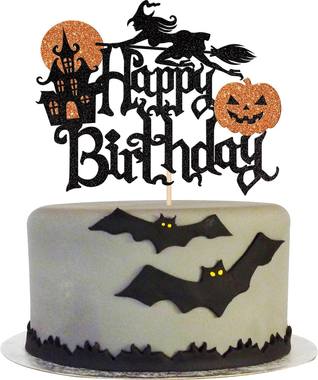1 Pack Halloween Happy Birthday Cake Topper Glitter Witch Leg Haunted House Pumpkin Cake Pick for Halloween Themed Cupcake Decoration Birthday Party Supplies