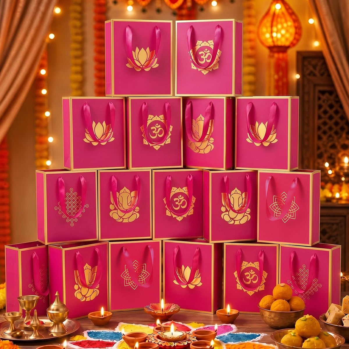 Sabary 15 Pcs Ganesh Pooja Indian Return Gift Paper Bag, Fuchsia