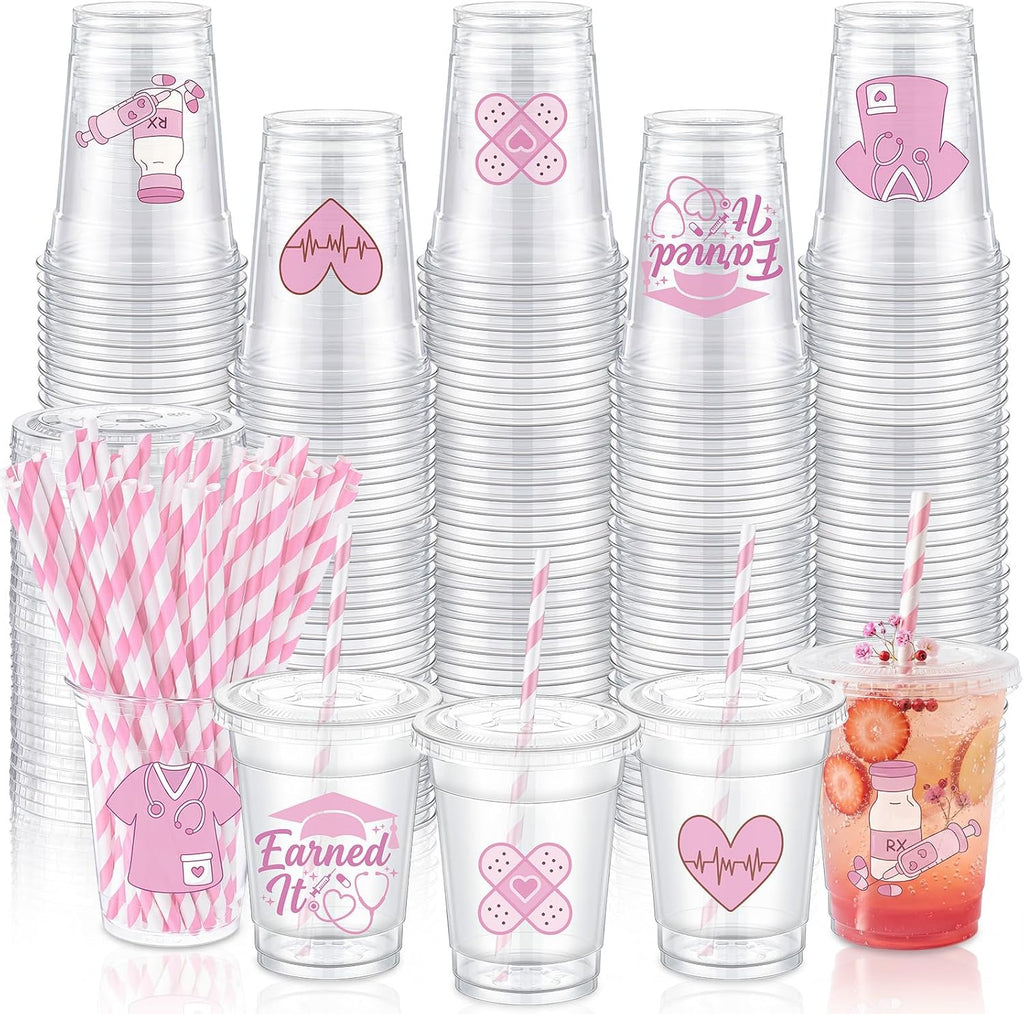 Jingmore 50 Sets Nurse Graduation Plastic Cups with Lids and Straws Cute Disposable Cold Beverage Drinking Cups for Birthday Party Decorations Supplies