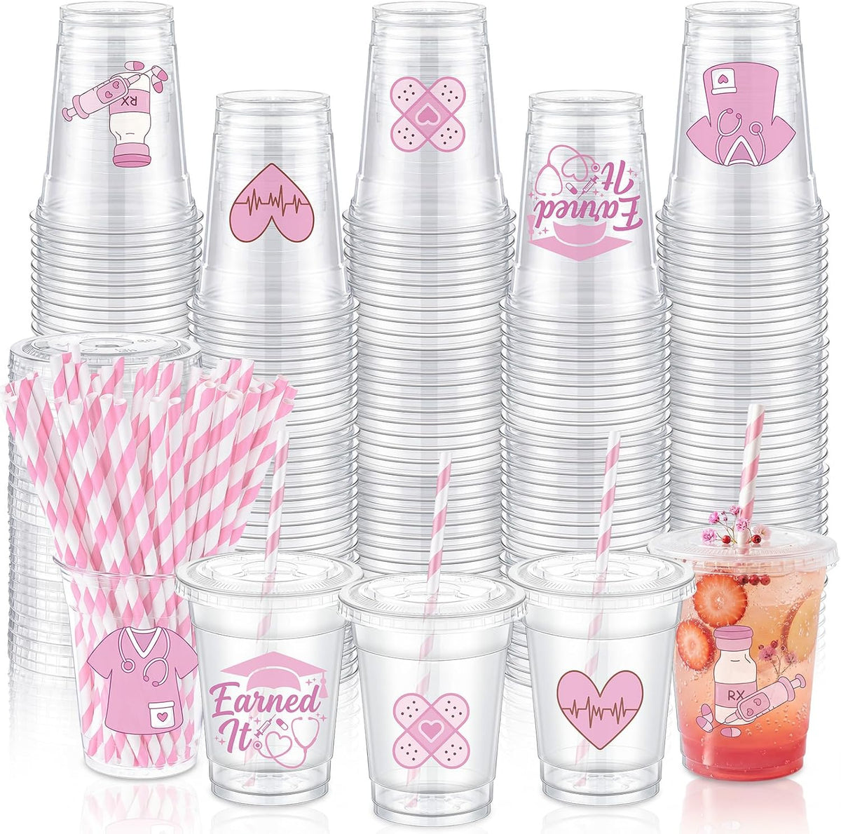 Jingmore 50 Sets Nurse Graduation Plastic Cups with Lids and Straws Cute Disposable Cold Beverage Drinking Cups for Birthday Party Decorations Supplies
