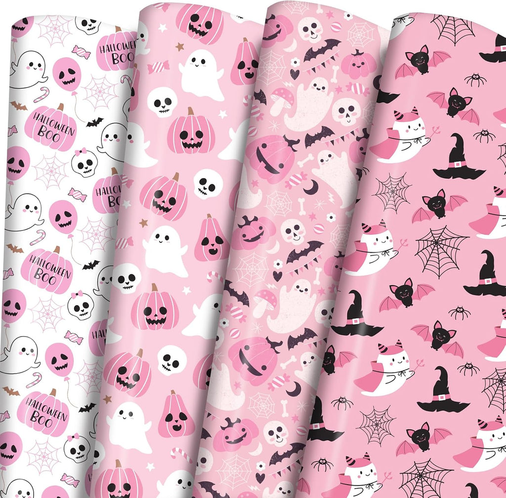 Ulmasinn Pink Halloween Wrapping Paper - Kawaii Spooky - Sweet Gift Wrap with Ghosts, Bats & Watercolor Pumpkins - 20x29-8 Sheets for Gift Bags & Party Favors