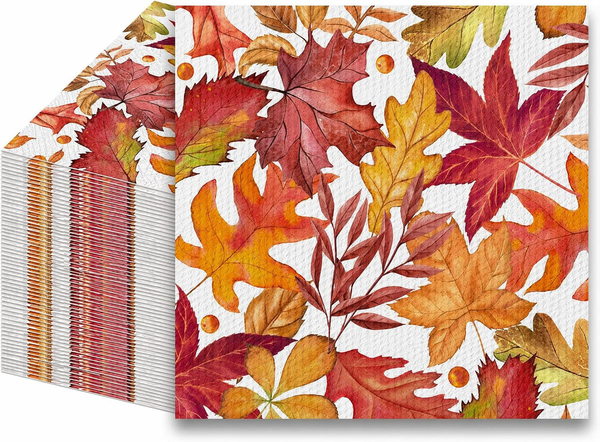 50 Pack Fall Napkins Disposable Folded 10 x 10 Inches Autumn Party Decorations, Maple Leaves Cocktail Napkins for Families Fall Thanksgiving Party Supplies Paper Towel Disposable Towel