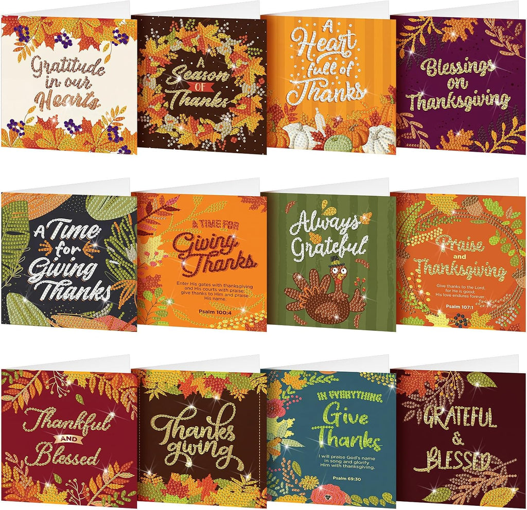Saillong 12 Pack Fall Thanks Diamond Painting Greeting Card Kits DIY Thanksgiving Diamond Art Cards with Envelope Maple Leaves 5D Rhinestones Paint Card for Adults DIY Crafts Family Friend Autumn Gift